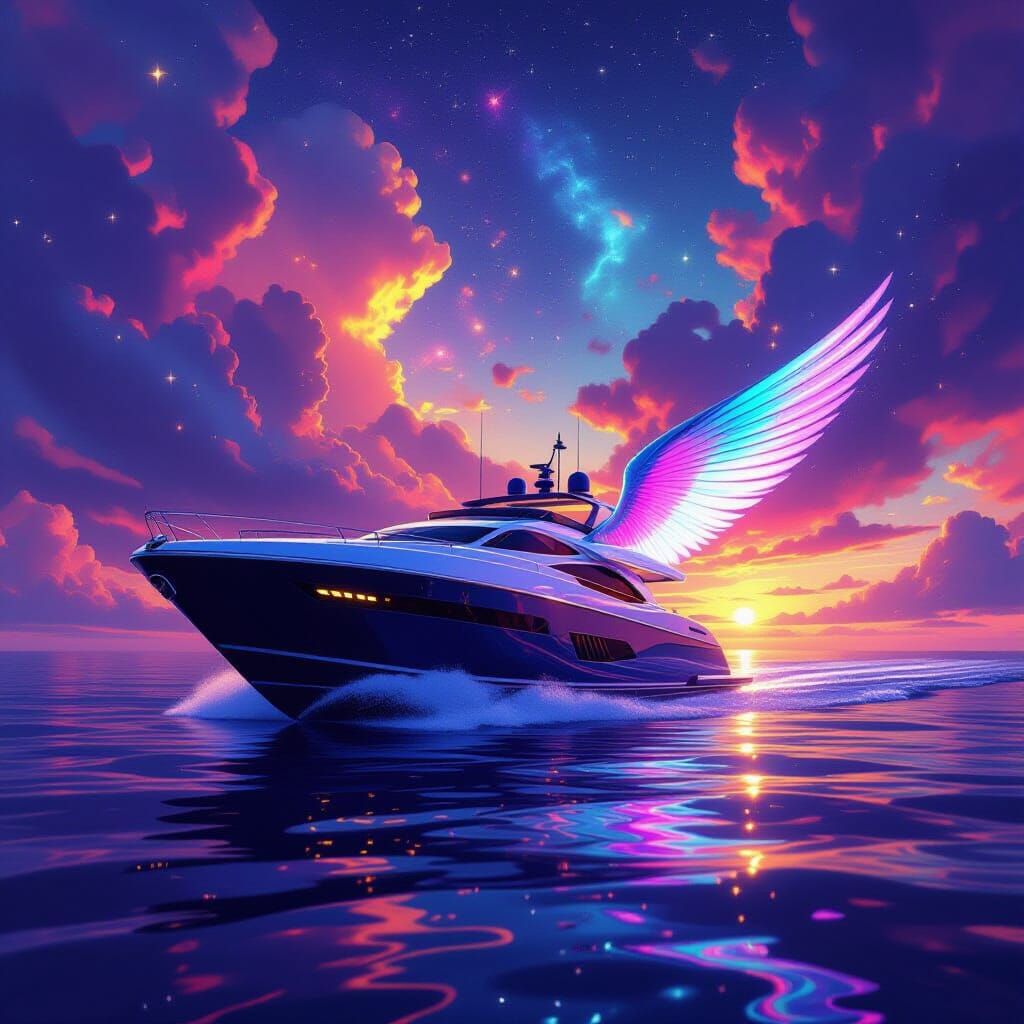 Iridescent Yacht Drifting Through Cosmic Dreamscape