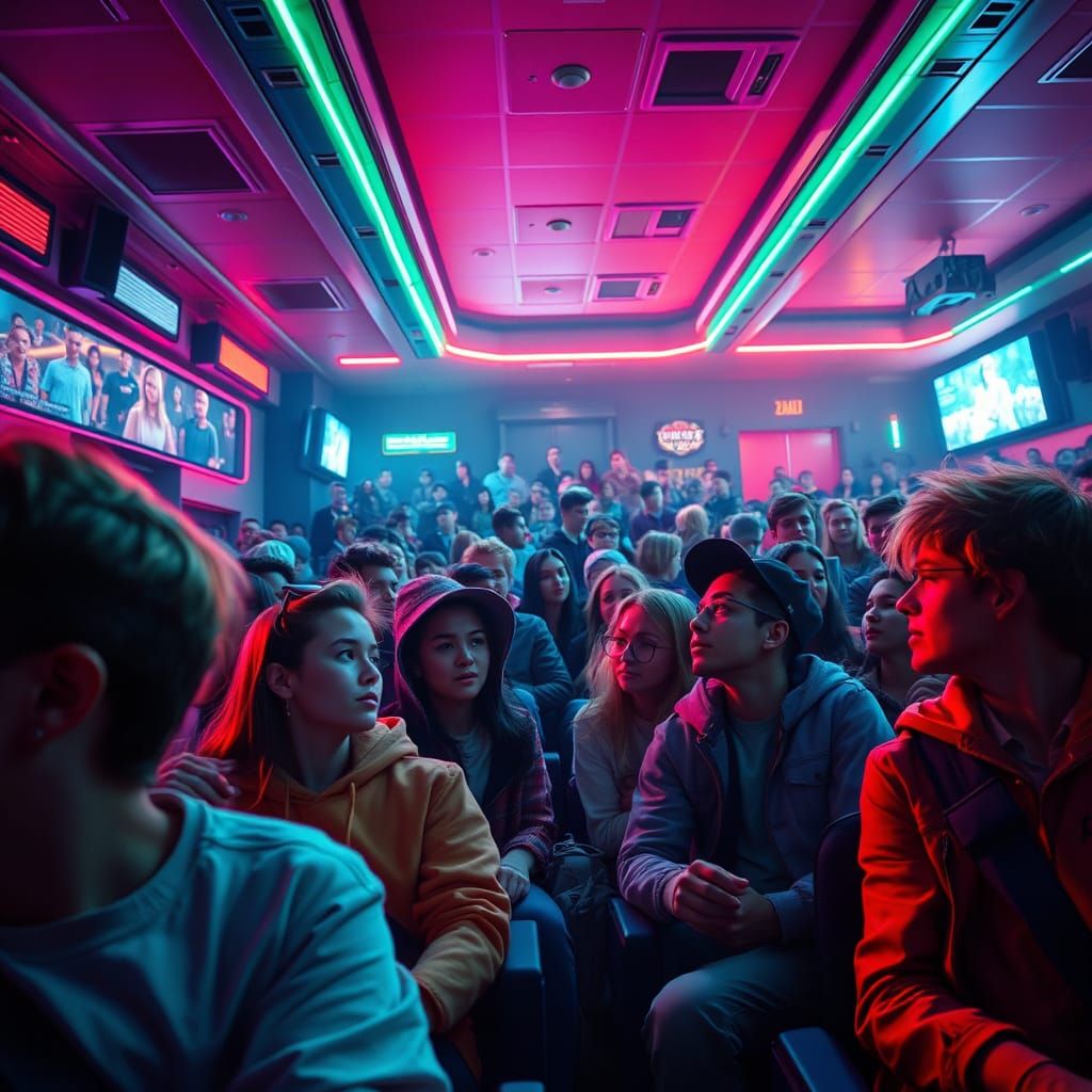 Teens Enjoy Vibrant Cinema Experience with Neon Lights