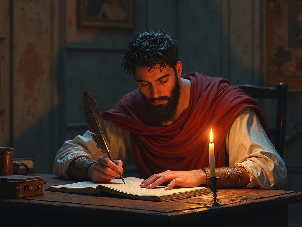 Roman Philosopher Illuminated by Candlelight in a World of M...