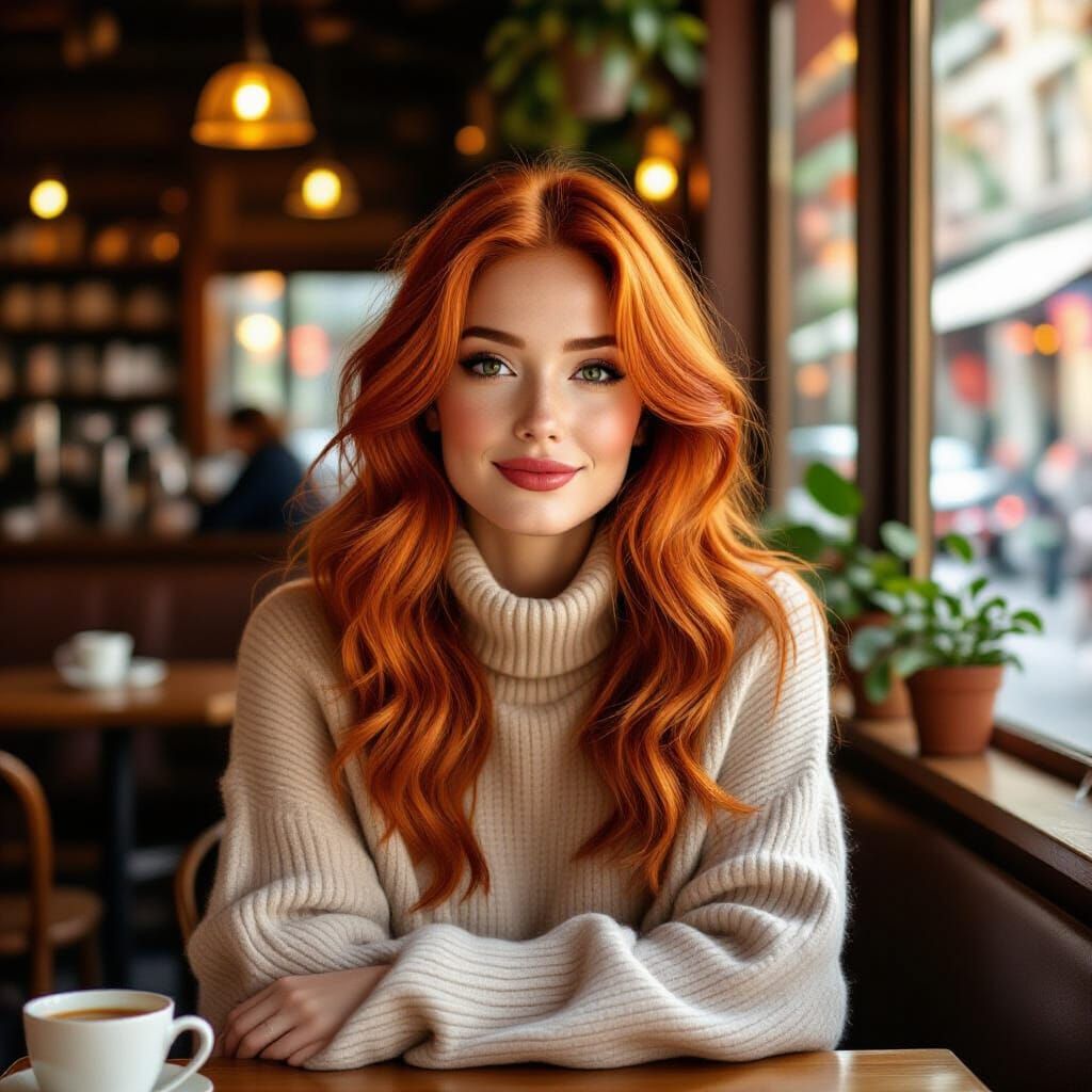 Woman with Red-Orange Hair in Café, Art Nouveau Style