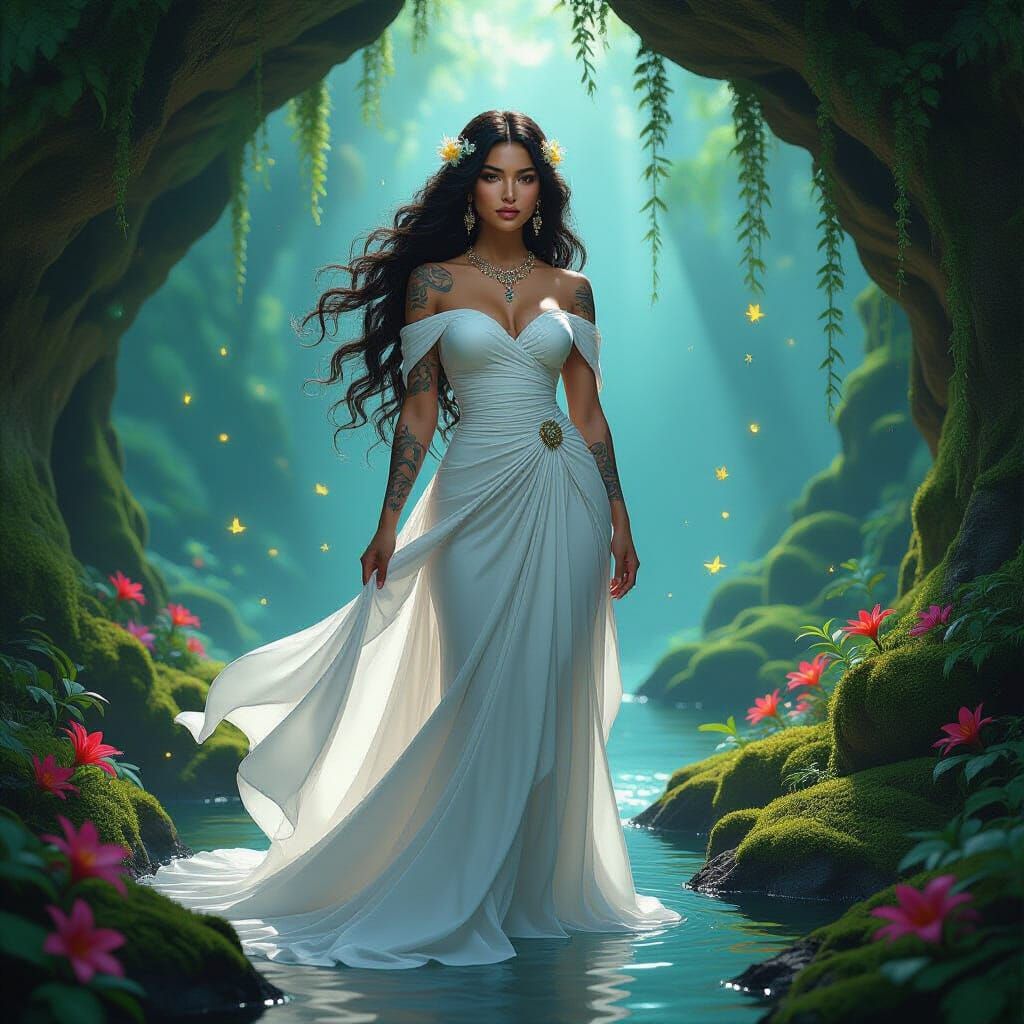 Latina Goddess with Bioluminescent Hair in Art Nouveau Style