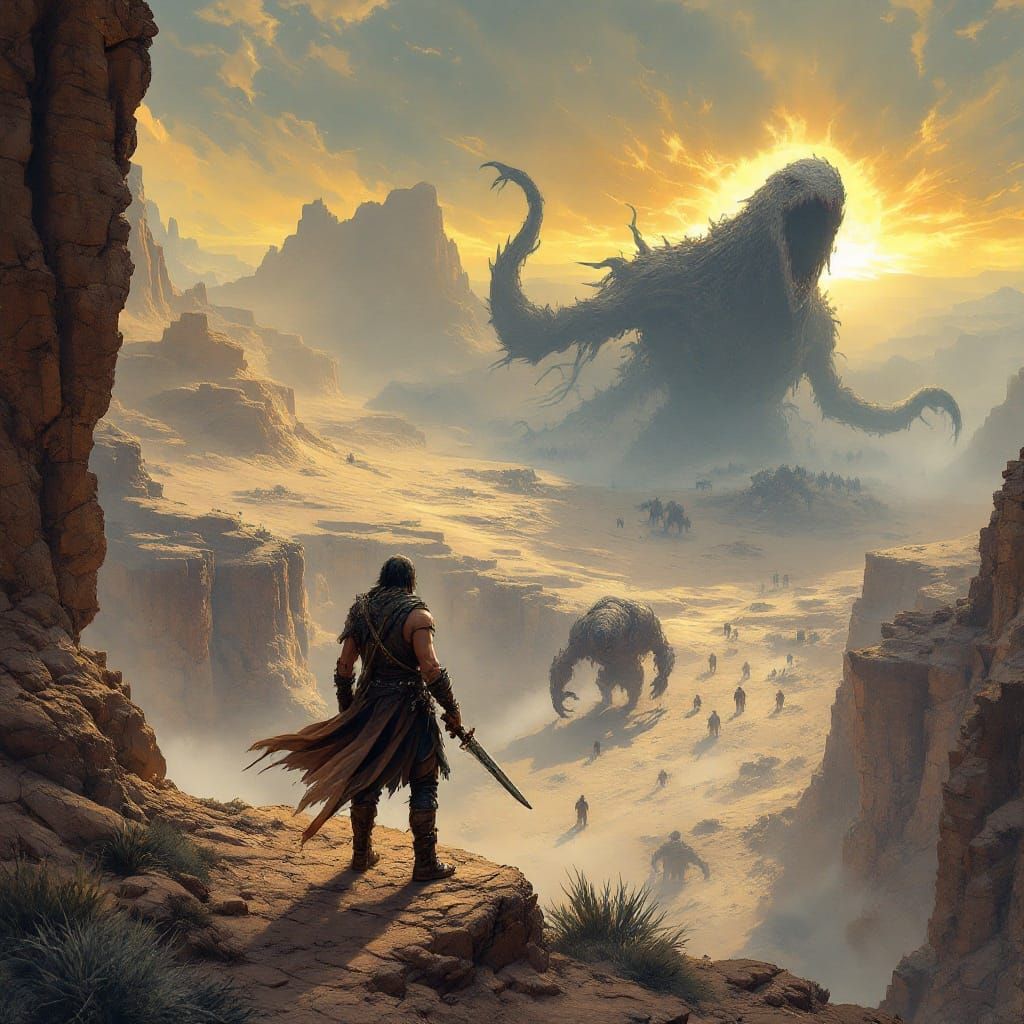 Epic Fantasy Warrior Stands at Canyon's Edge, Uncharted Dese...