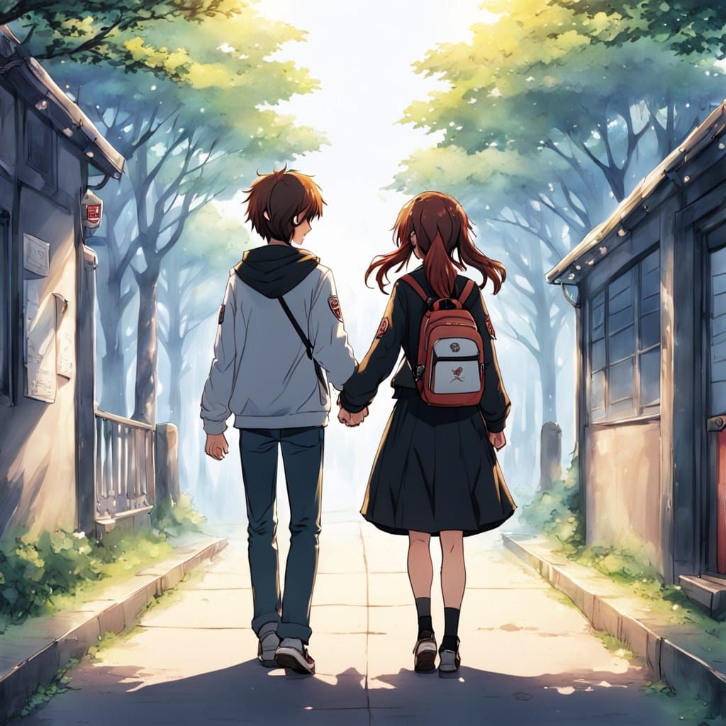 Teen Anime Couple Walking Hand in Hand