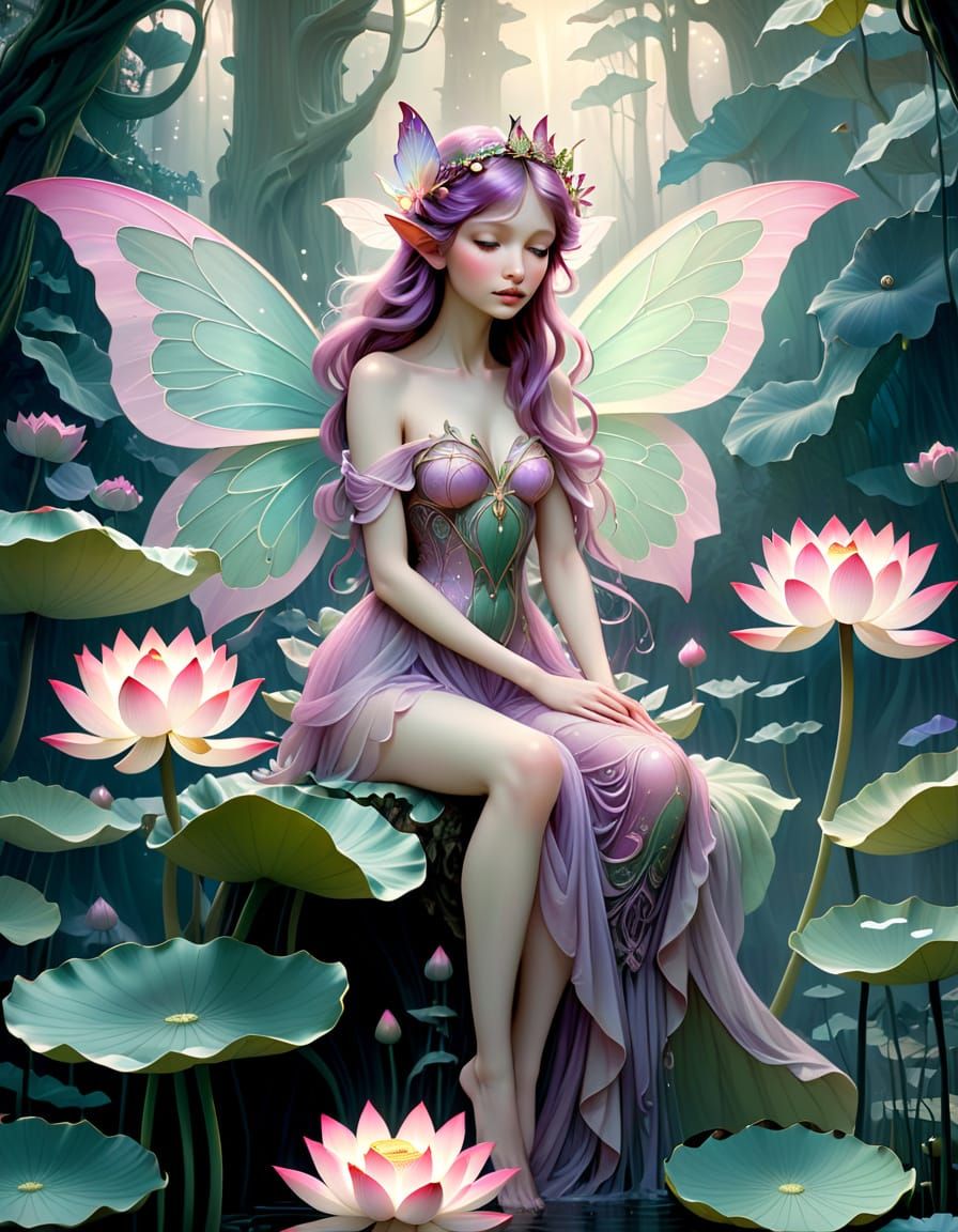 Whimsical Fairy Adorned with Art Nouveau Patterns on Enchant...