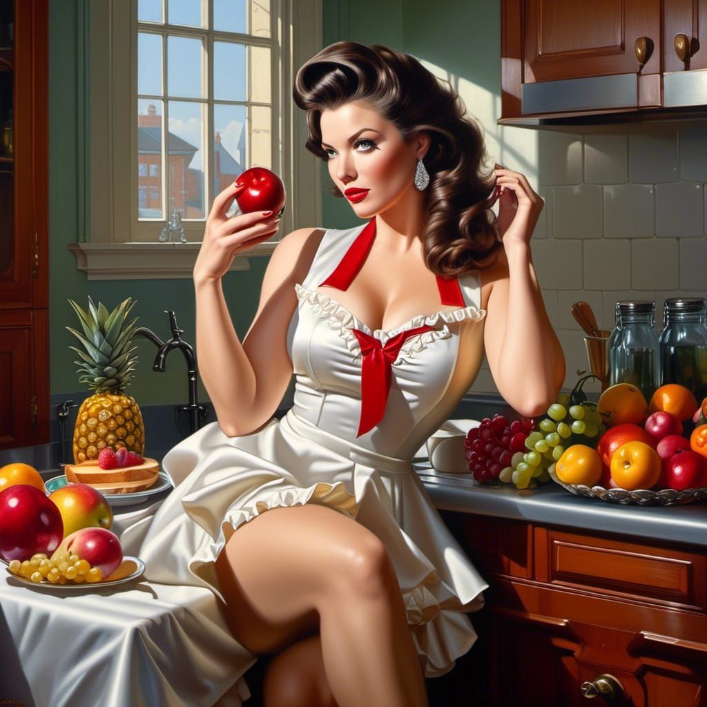Retro pinup, beautiful lady posing with fruit