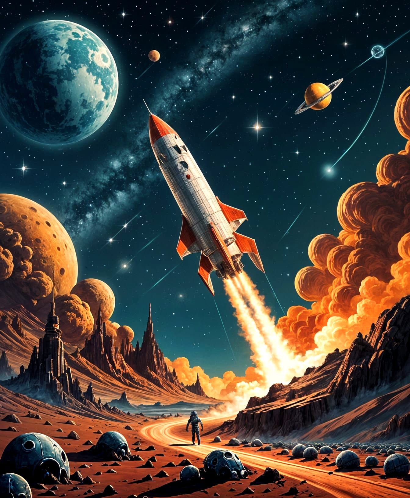 Retro Rocket Launches from Alien Planet