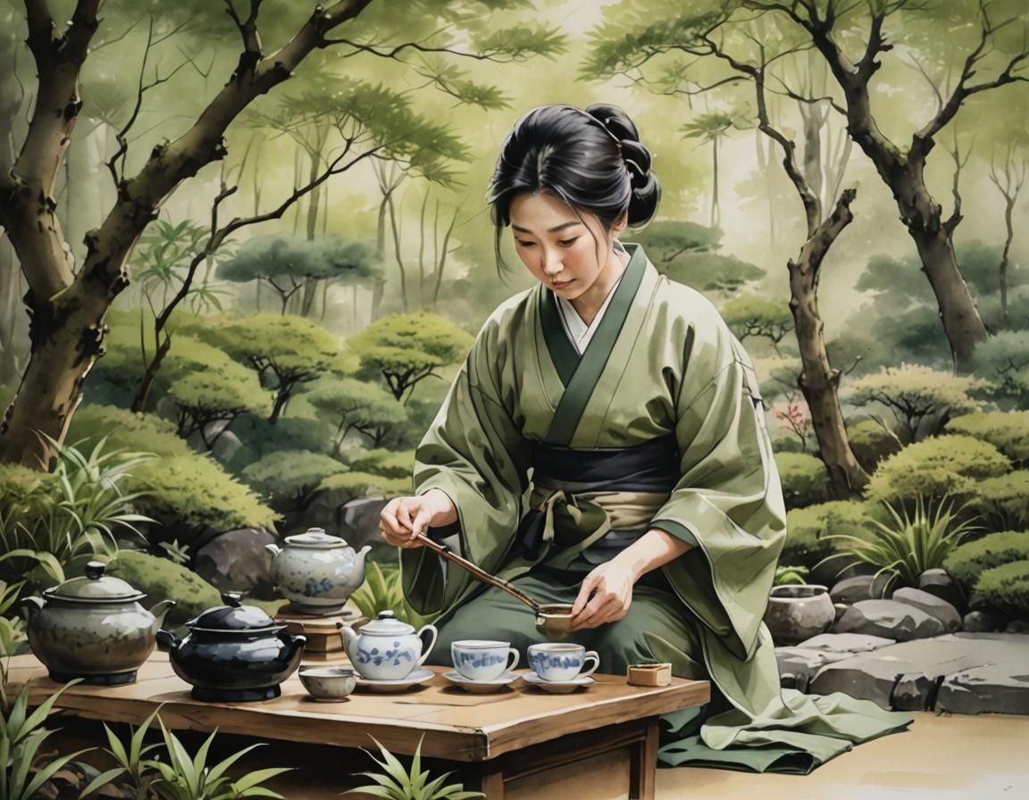 Serene Tea Master in Garden: Japanese Ink Art