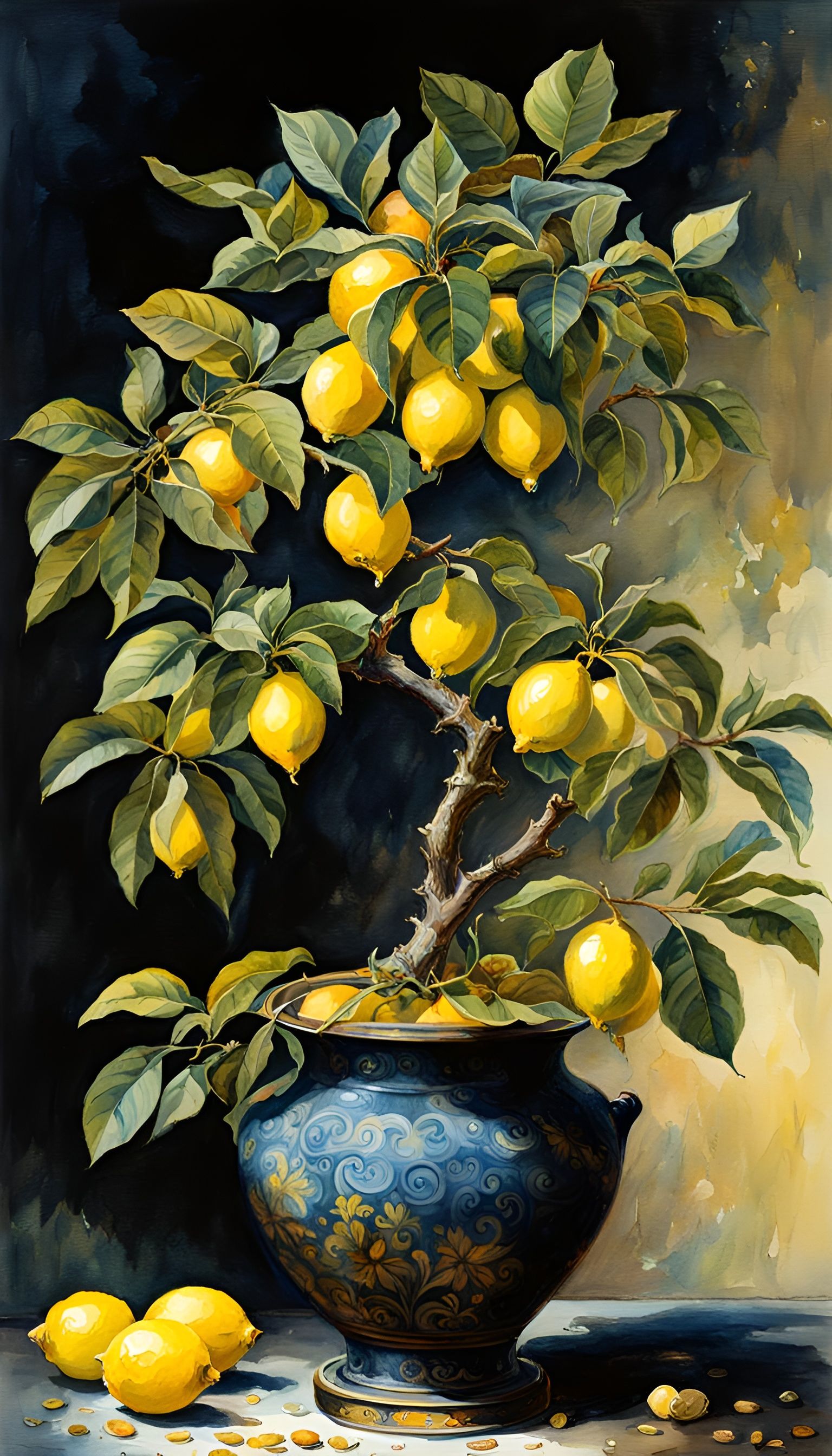 Lemon Tree Watercolor Painting with Contrasting Colors