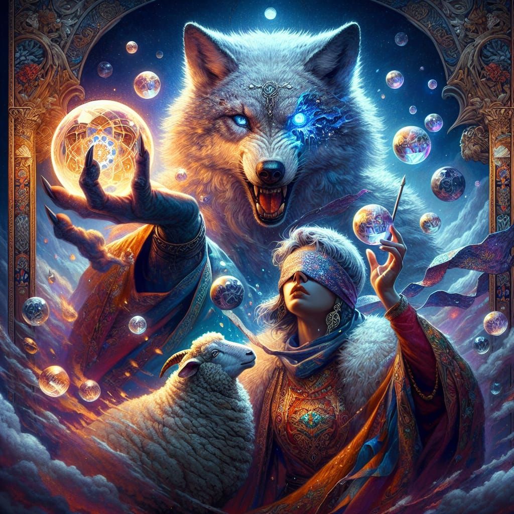 Fantastical Tarot Scene: Wolf and Blindfolded Sheep in Encha...