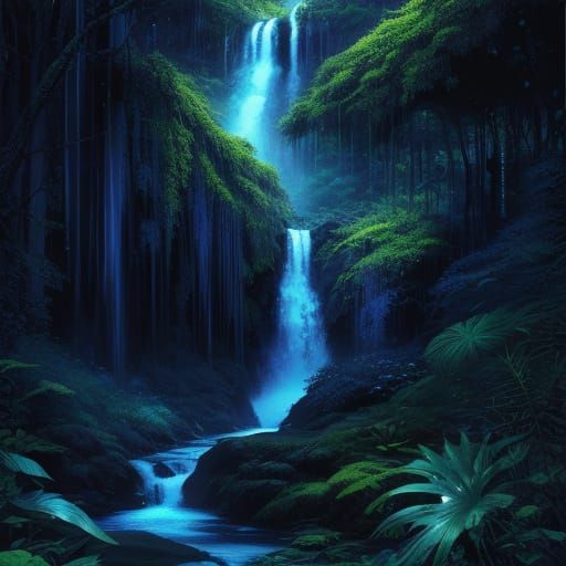 Indigo Rainforest Falls in Vibrant Pointilistic Style