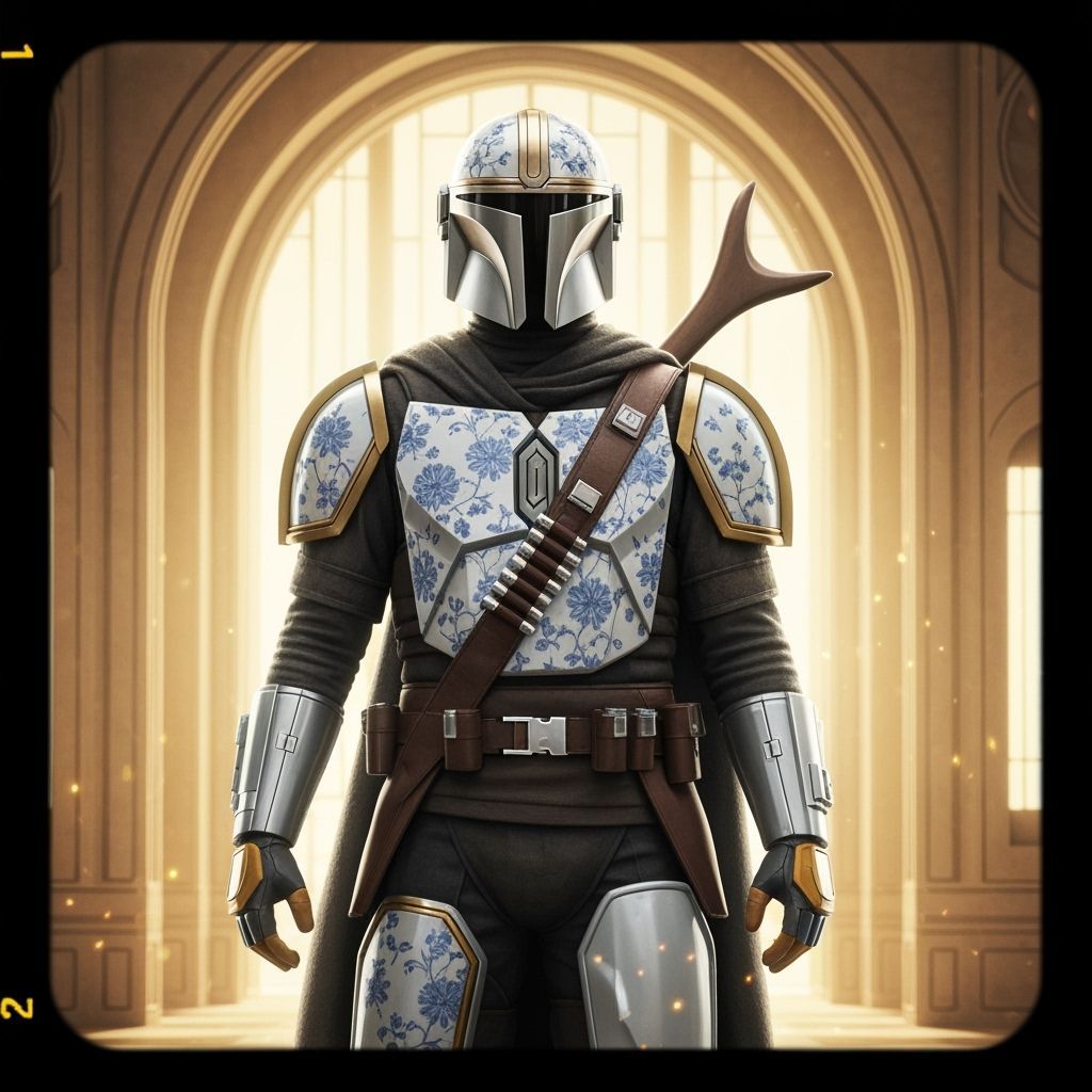 Mandalorian Warrior in Porcelain Armor, Cinematic Still