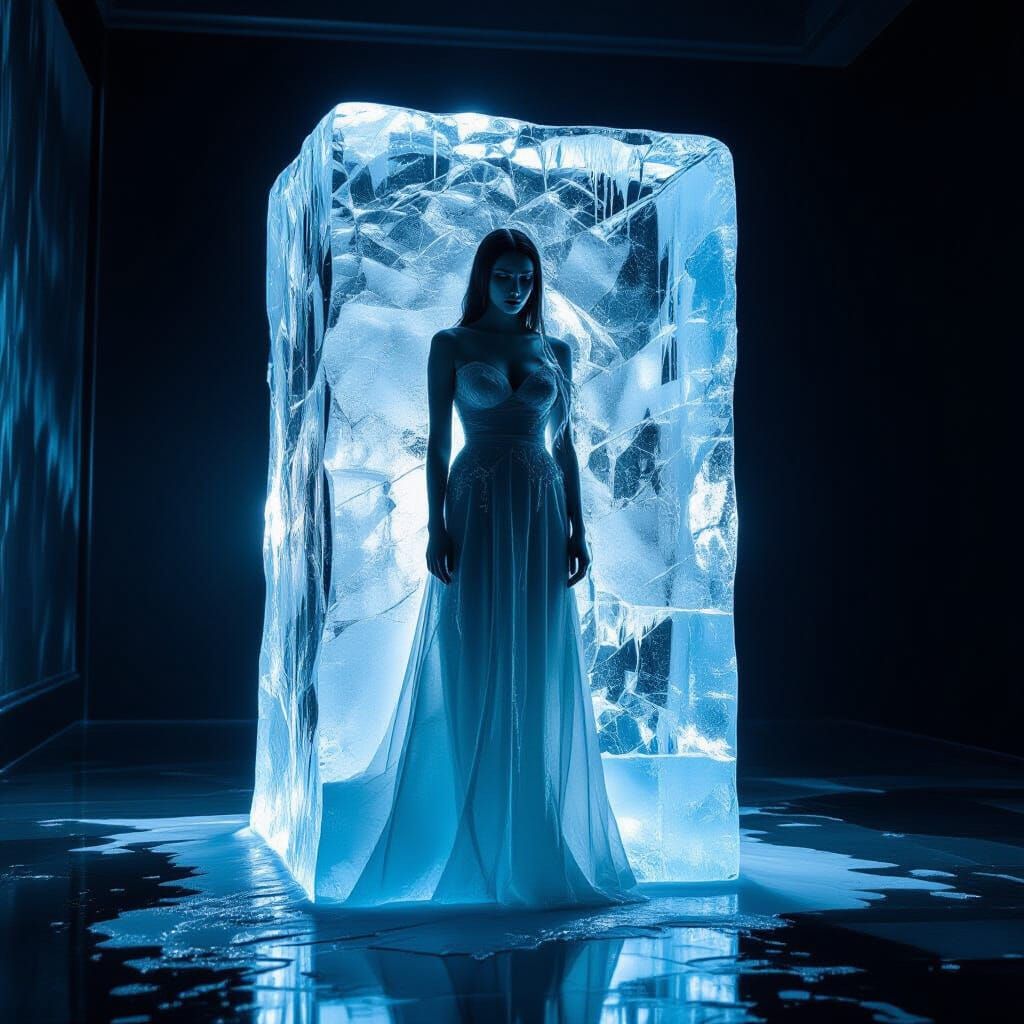 Regal Woman Frozen in Ice Block, Eerie Room