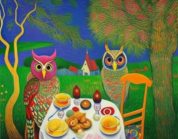 Surreal Owl Breakfast Scene in Art Brut Style