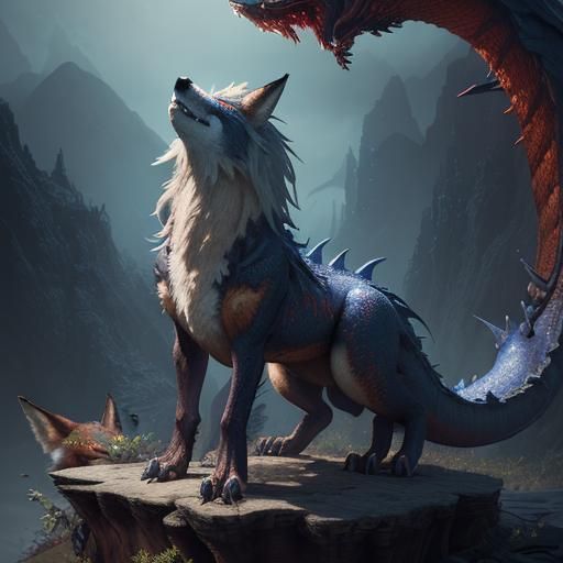 Hybrid Wolf Dragon and Fox: Detailed Matte Painting