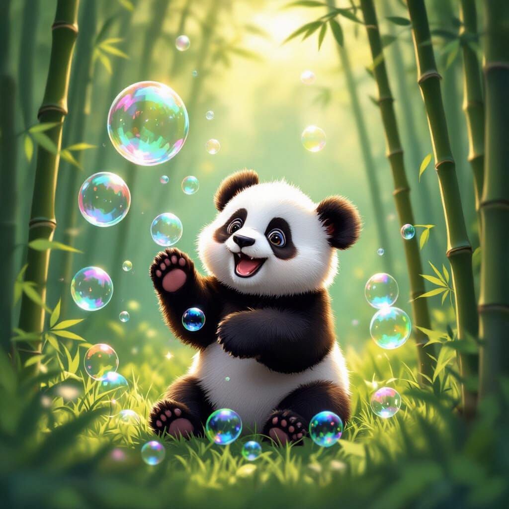 Cute Baby Panda Plays in Bubbles in Bamboo Forest