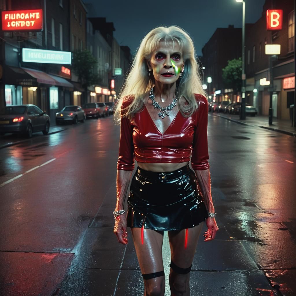 Cinematic Transvestite in Red on Wet City Street