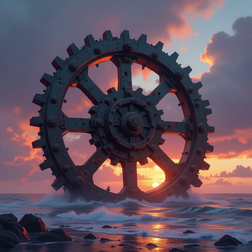 Colossal Mechanical Gear in Romantic Turner Seascape Style