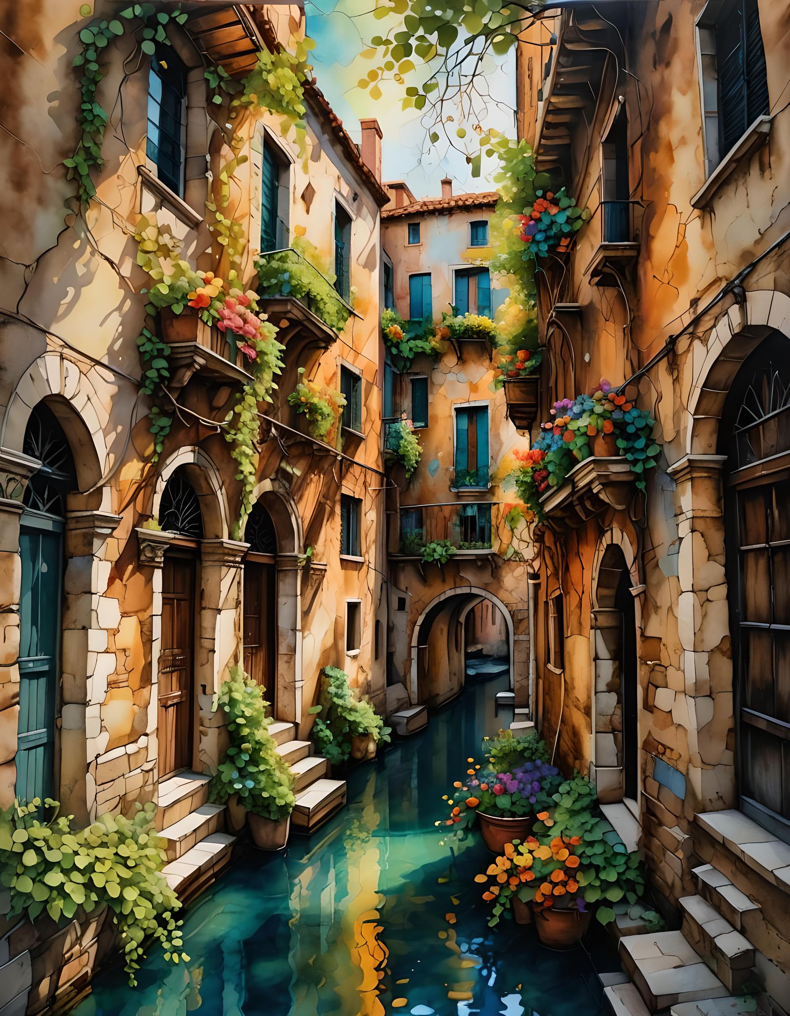 Hidden Venetian Canal in Alcohol Ink Style