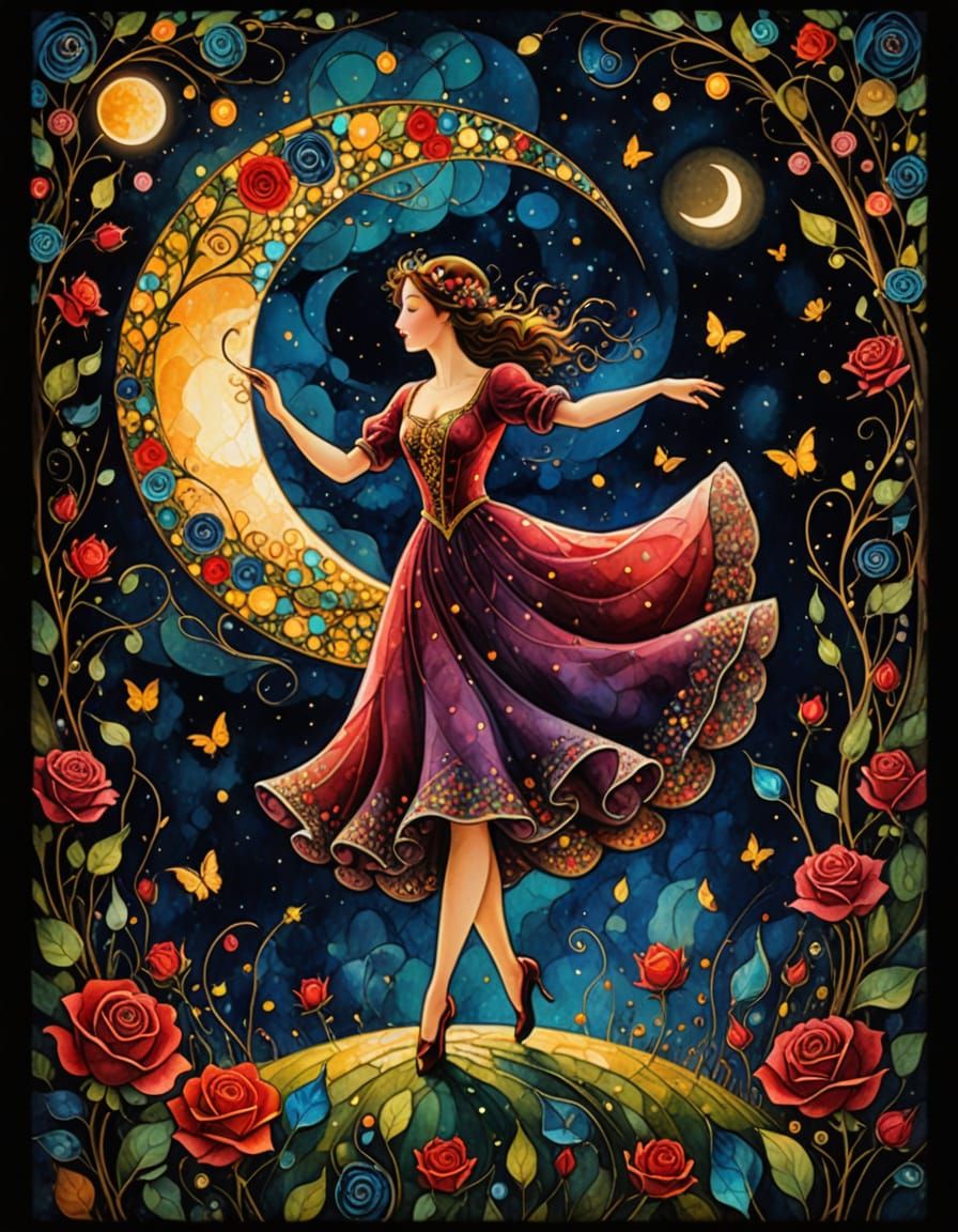 Whimsical Moonlit Dance in Vibrant Colors