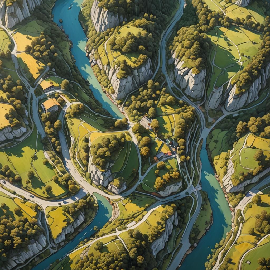 Crossroads Landscape Painting with Forest, Mountain, Town