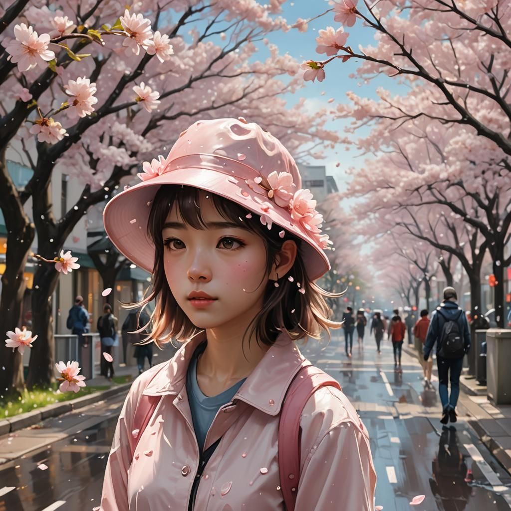 Girl Walks Under Cherry Blossoms in Digital Painting