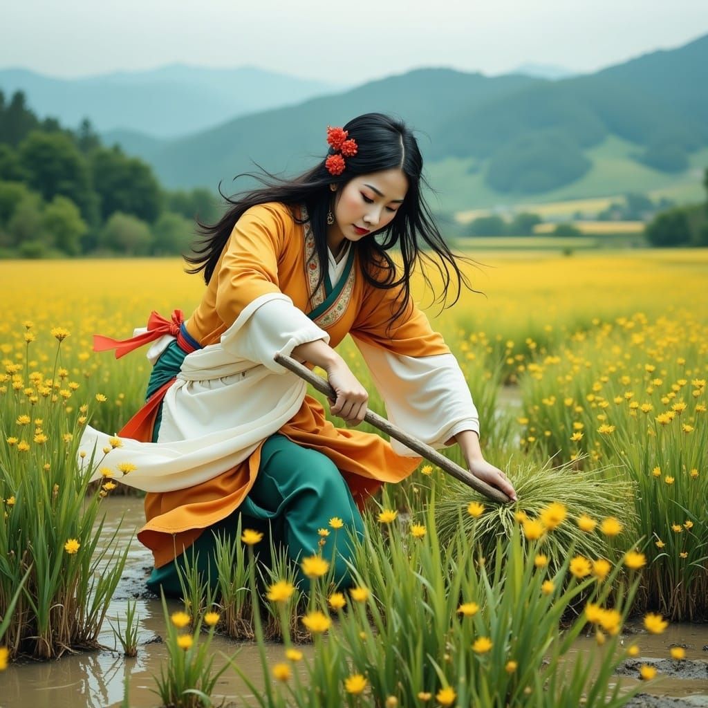 Chinese Woman in Rice Paddy: Water-Ink Color Style