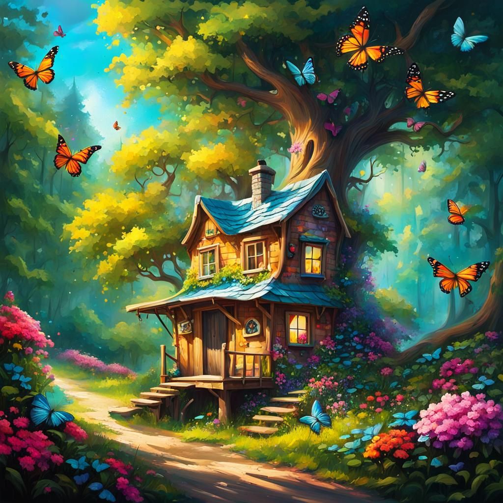Tree Cottage in Forest: Graffiti Art with Butterflies