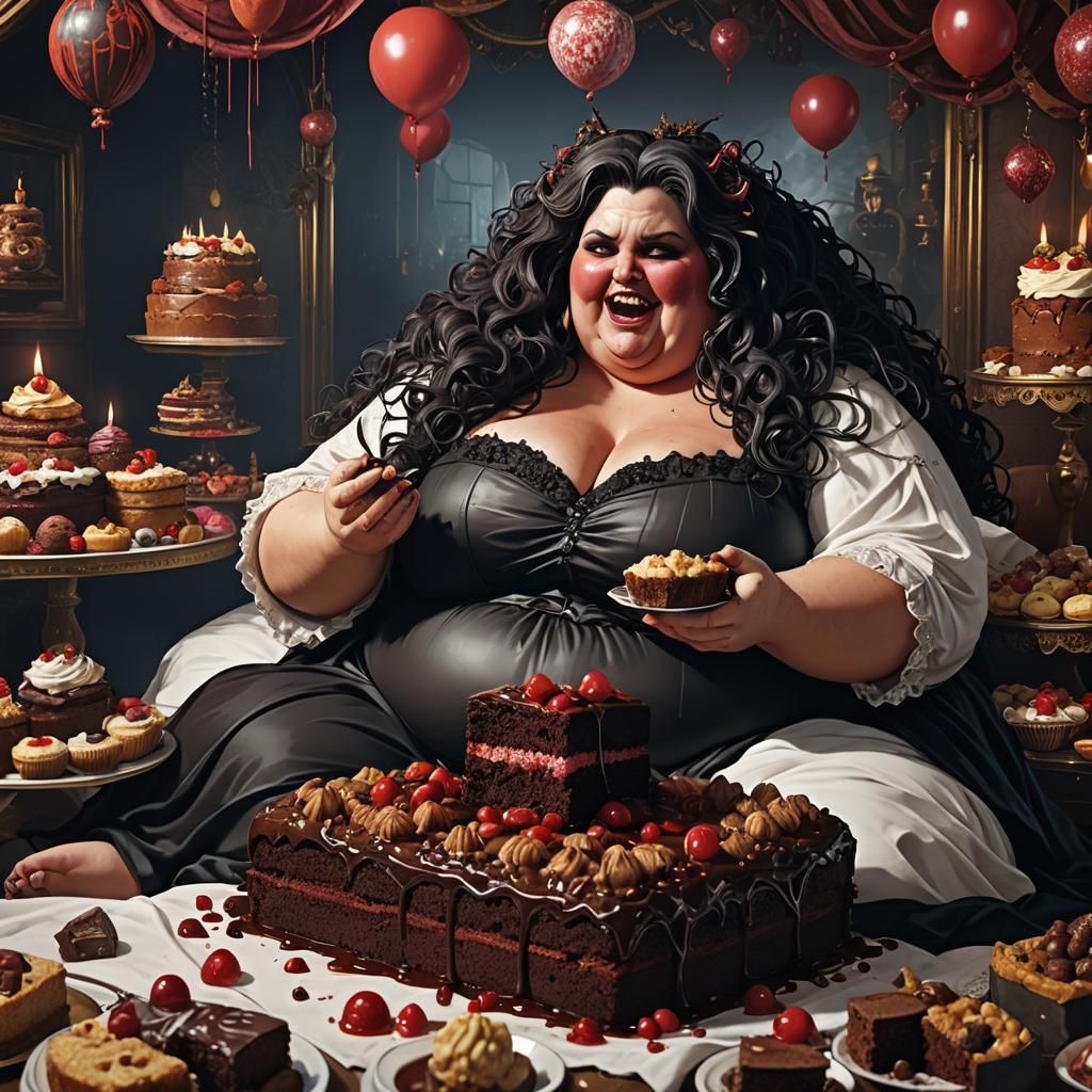 Goth Woman Enjoys Cake: Detailed Matte Painting