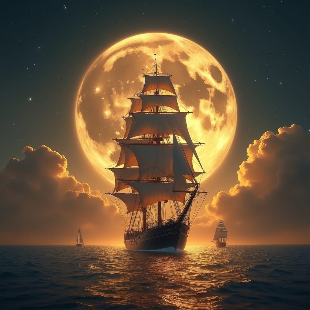 Majestic Sailing Ship Under Colossal Moon