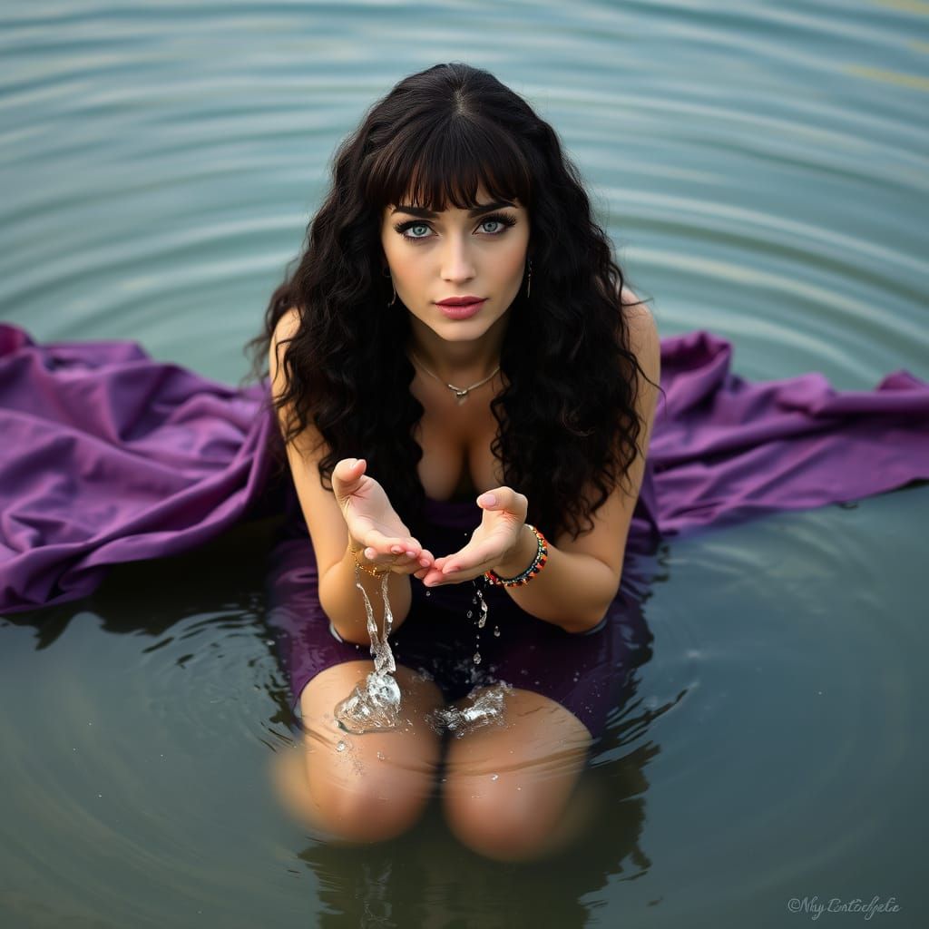 Woman's Water Ritual in Flowing Purple Dress