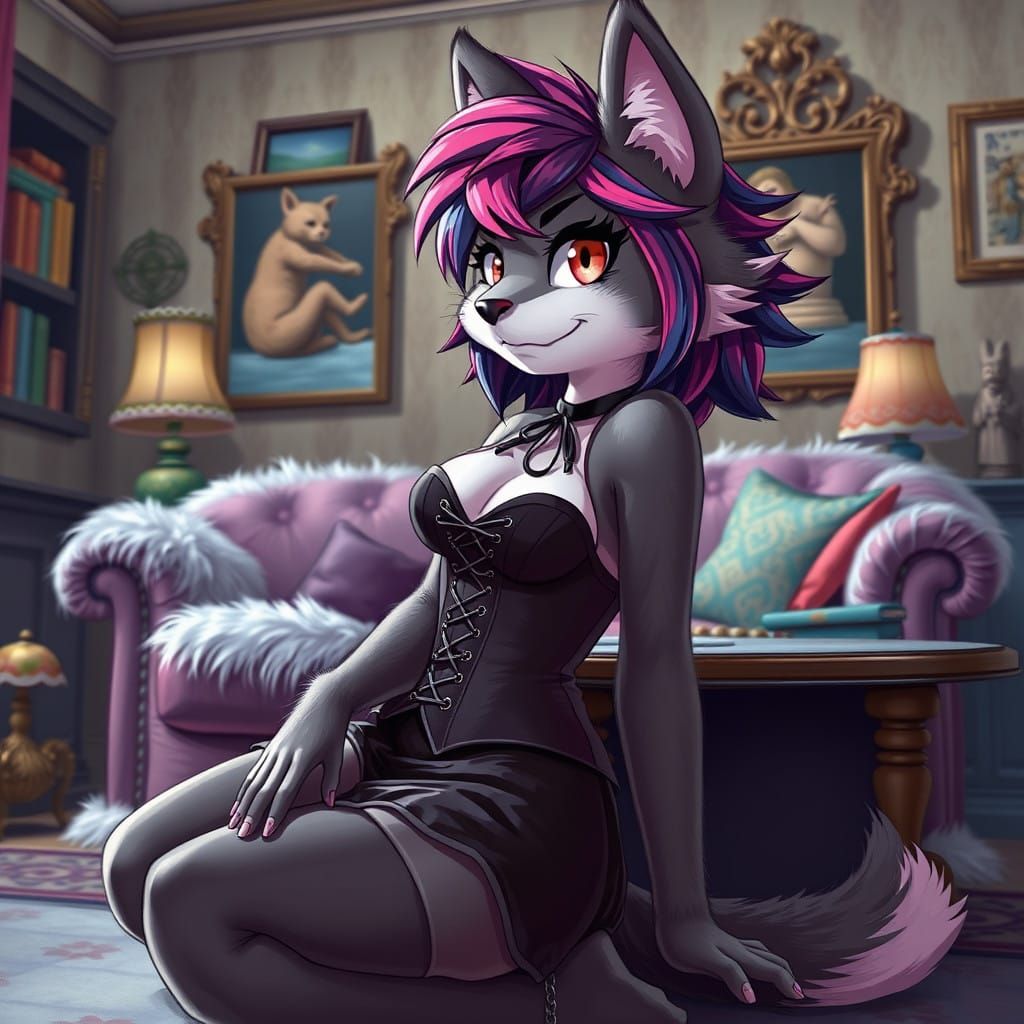 Sultry Furry Pinup in Whimsical Living Room