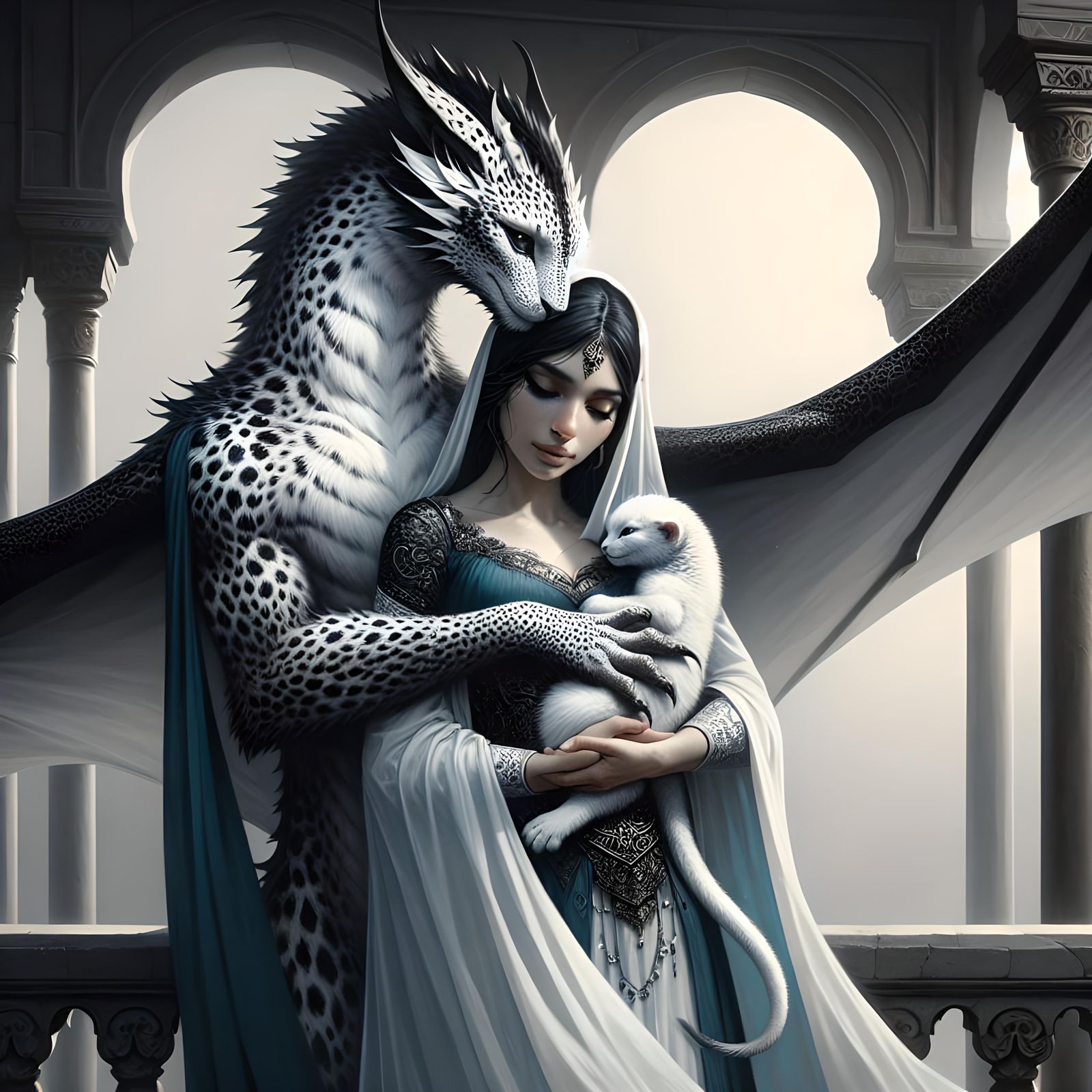 Romantic Oil Painting: Dragon, Woman, and Baby Dragon