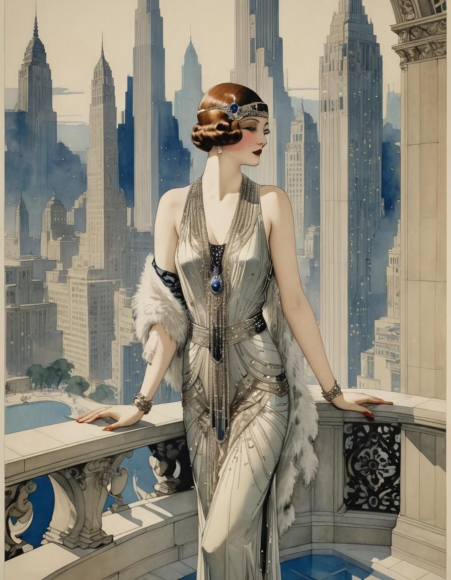 Art Deco Flapper Overlooking City Skyscraper
