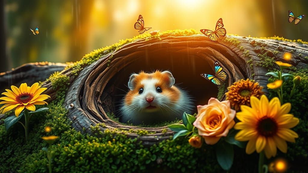 Serene Forest Scene with Hamster in Cozy Tree Hollow