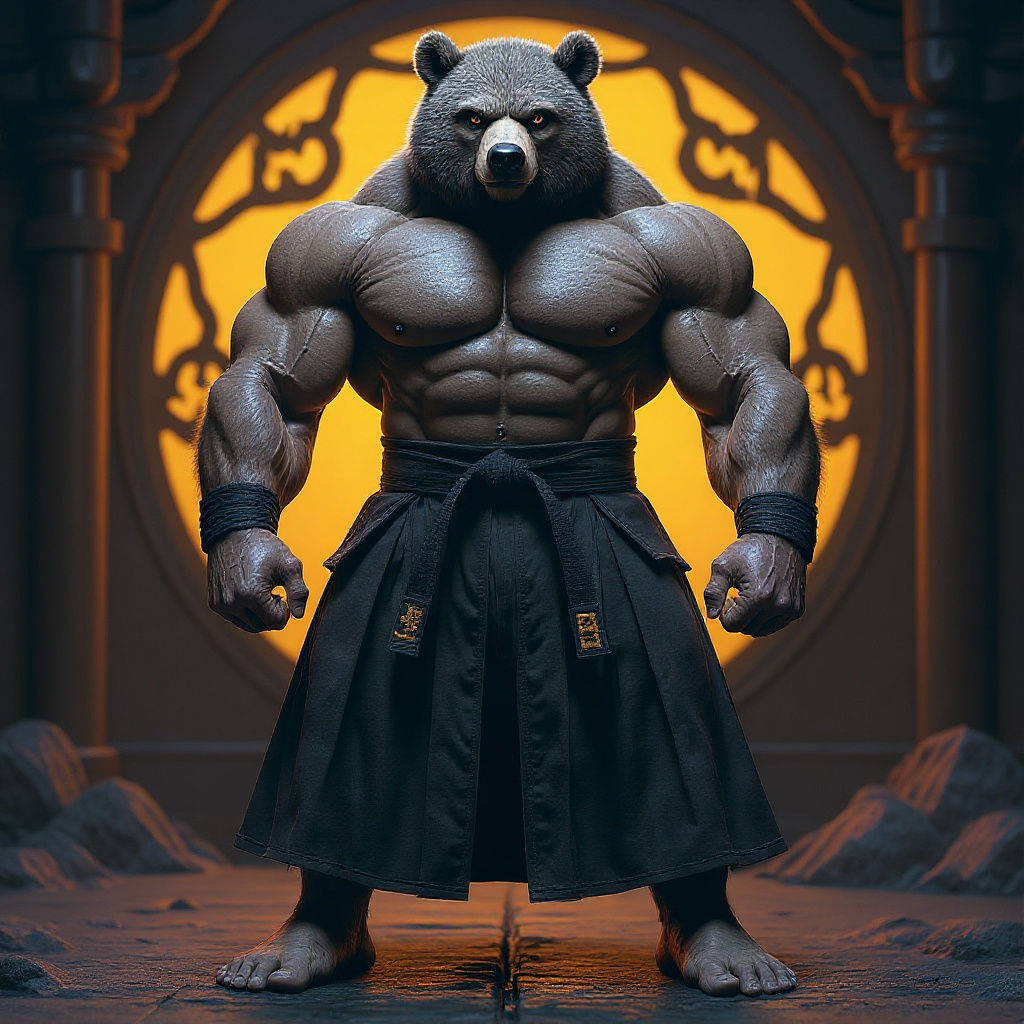 Muscular Aikido Bear in Dark Fantasy Style