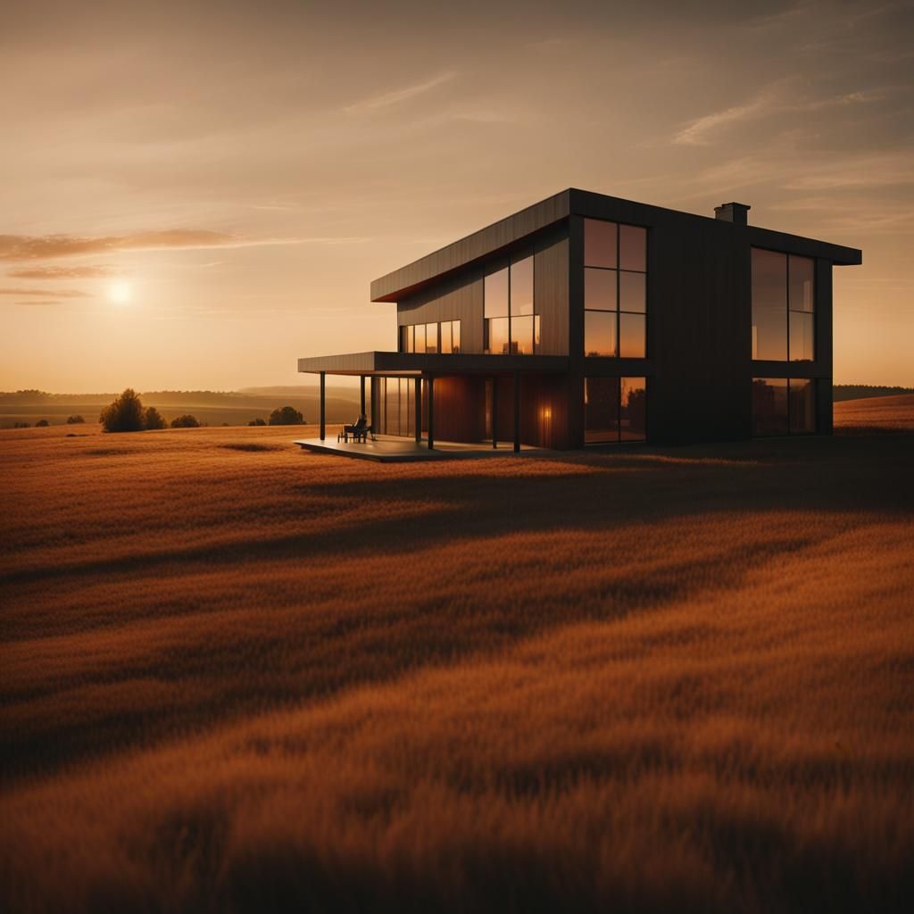 Modern House at Sunset in Cinematic Style