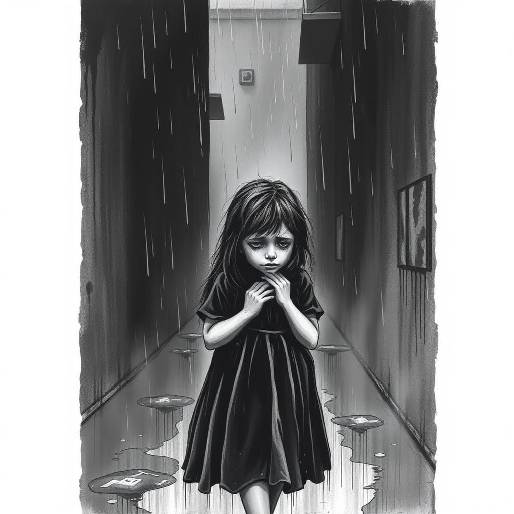 Mourning Girl in a Rainy Alleyway, in Black and White Etchin...