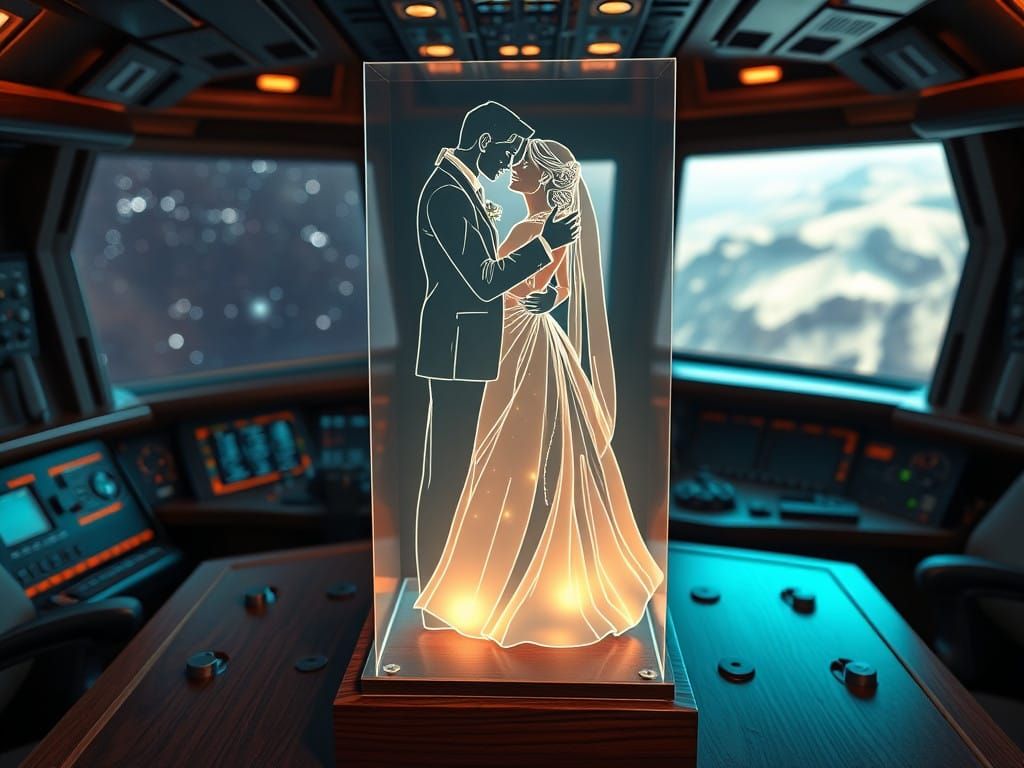 Ethereal 3D Hologram Wedding Scene in Cyberpunk Style