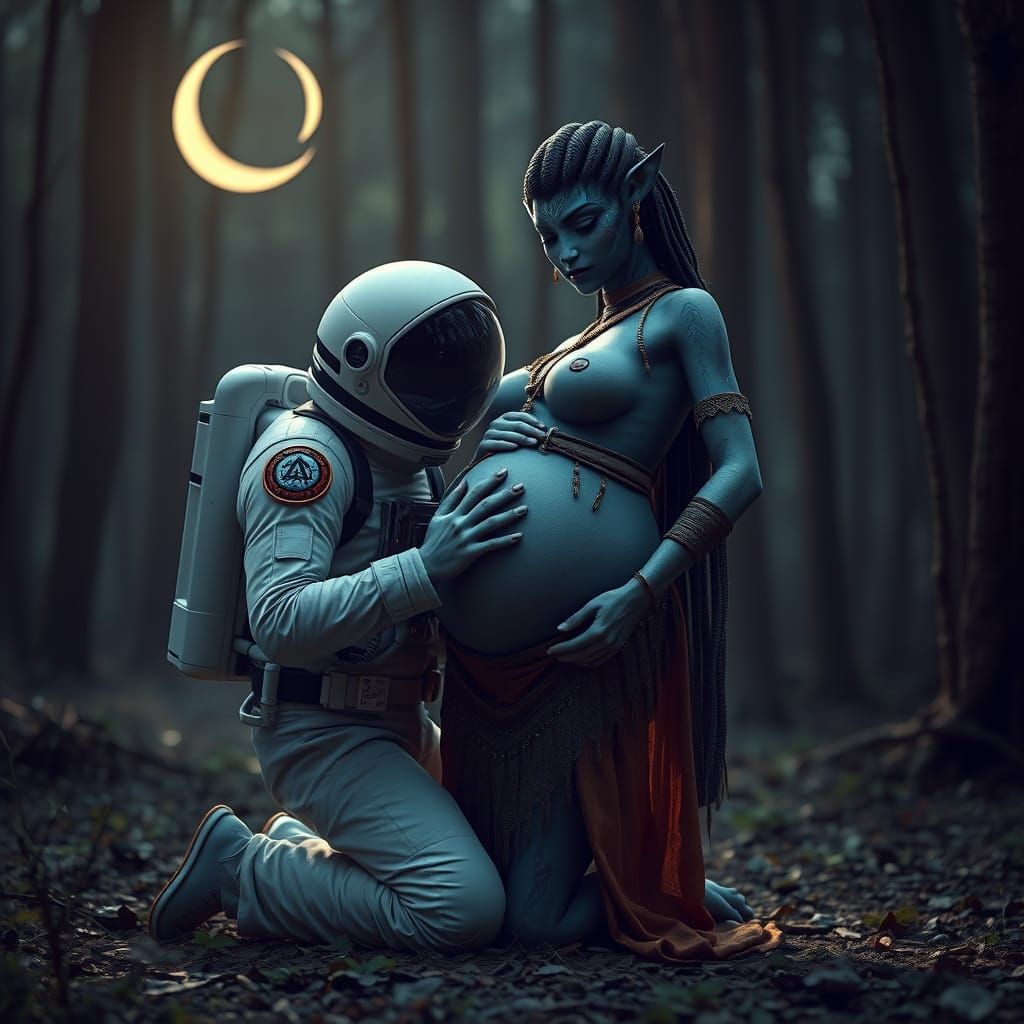 Surreal Scene of an Astronaut Embracing a Pregnant Na'vi Wom...