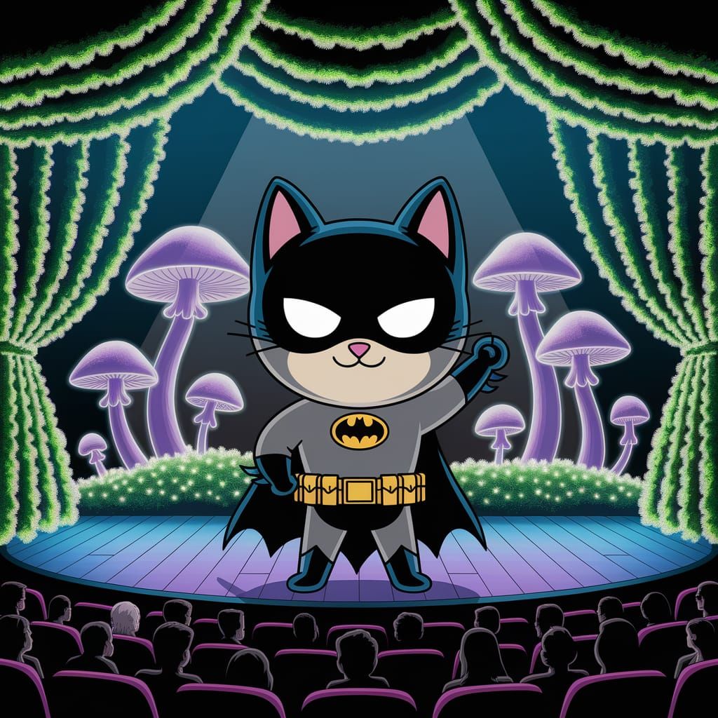 Batman Cat Bowing in Bioluminescent Forest, Animated Style