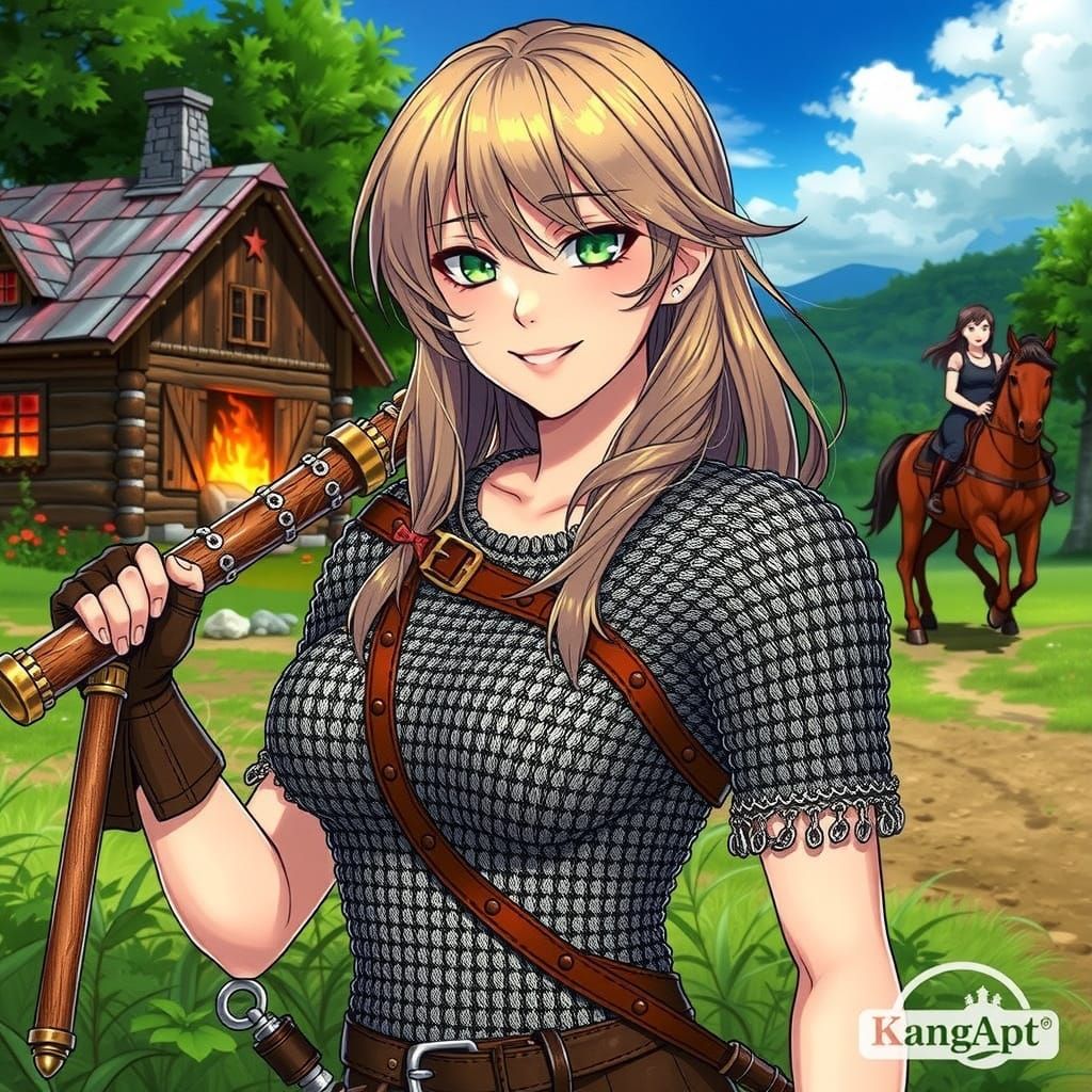 Anime Warrior Maiden with Crimson Hair and Chainmail Armor