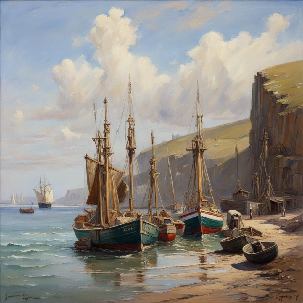 East Coast Harbor: Fishing Boats in Oil Painting Style