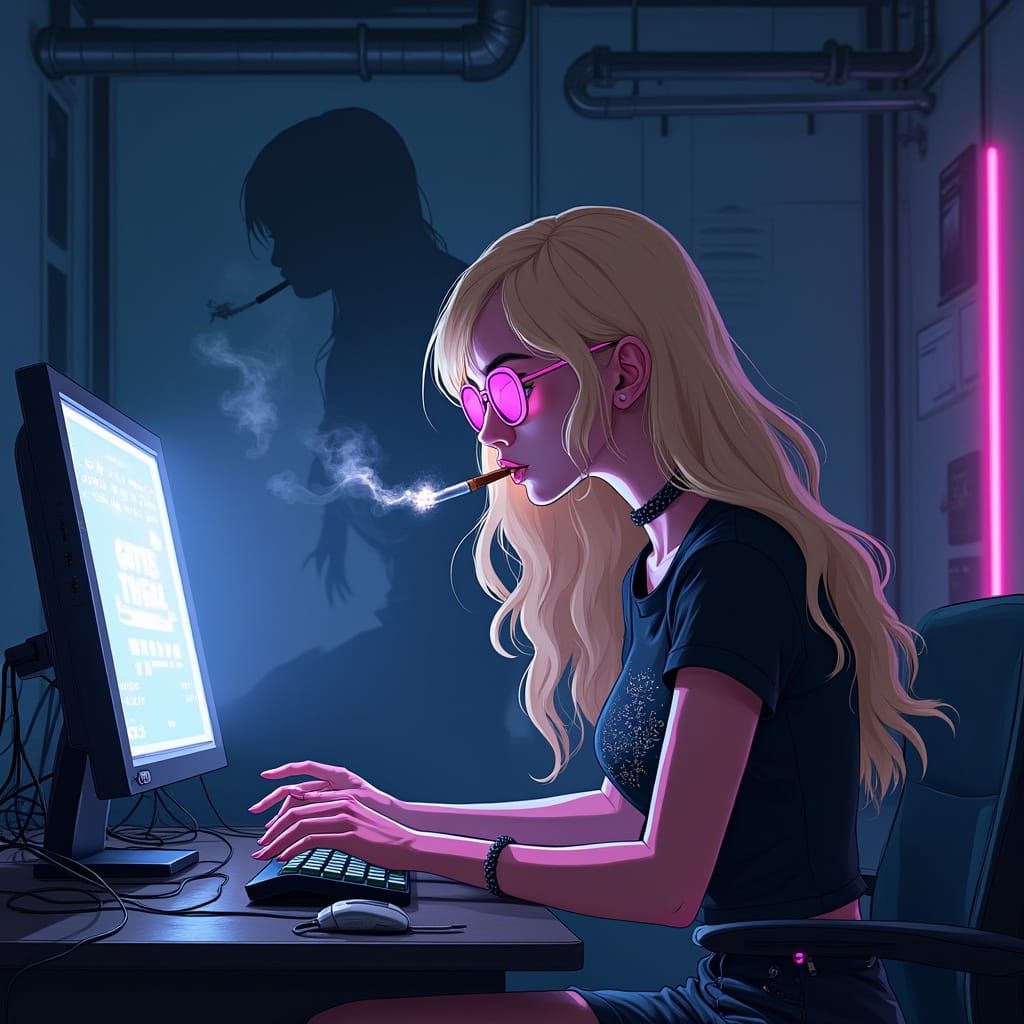 Cyberpunk Study Session in a Smoky, High-Tech Lair