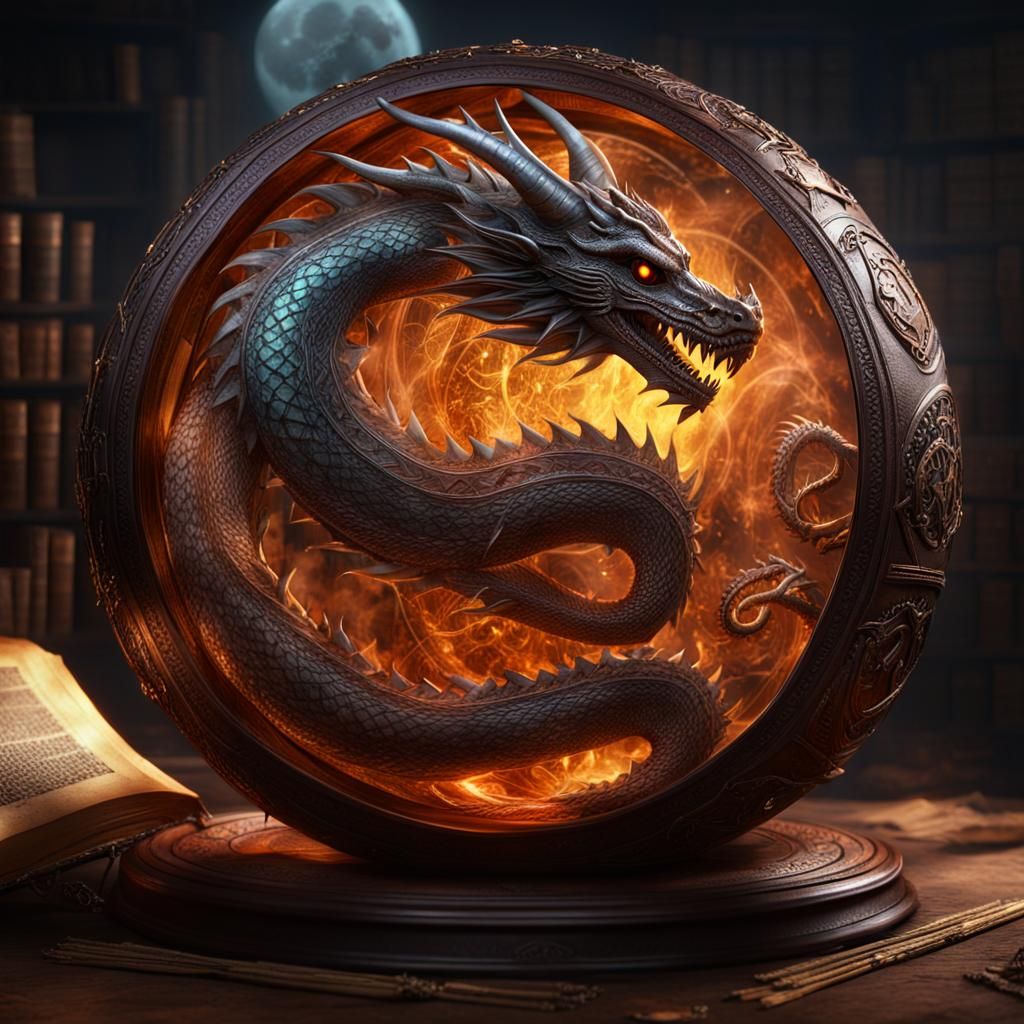Dragon Book with Glowing Glyphs in Crystal Sphere