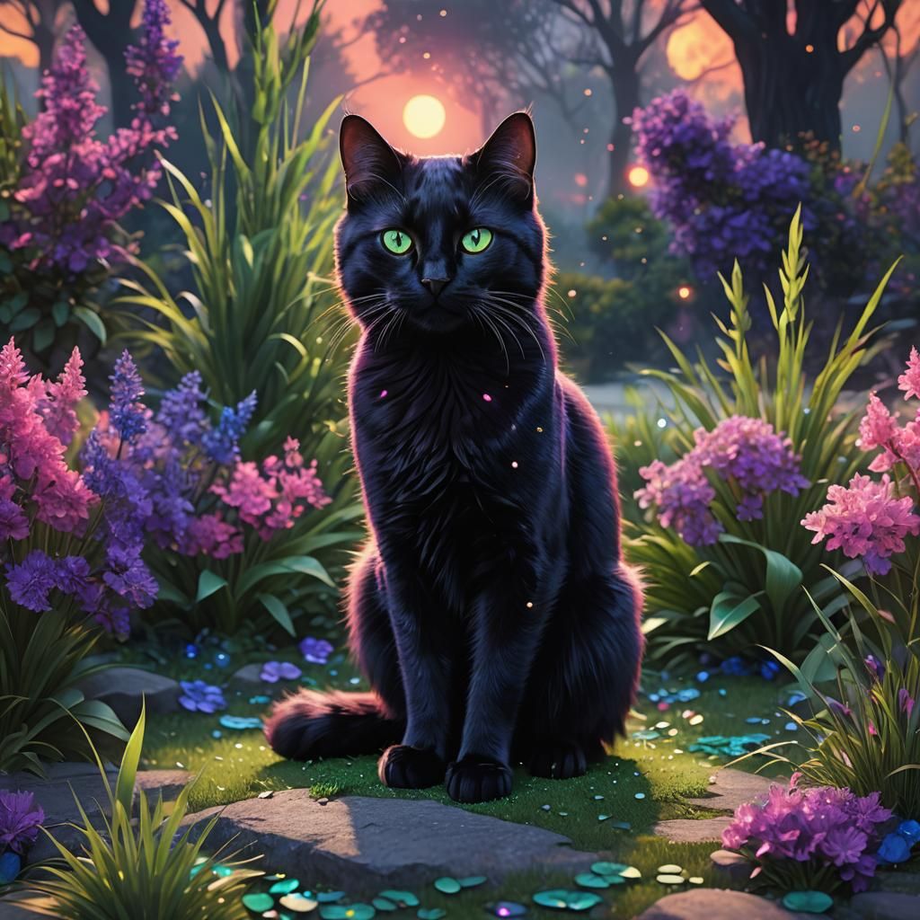 Elegant Black Cat with Green Eyes in Vibrant Sunset