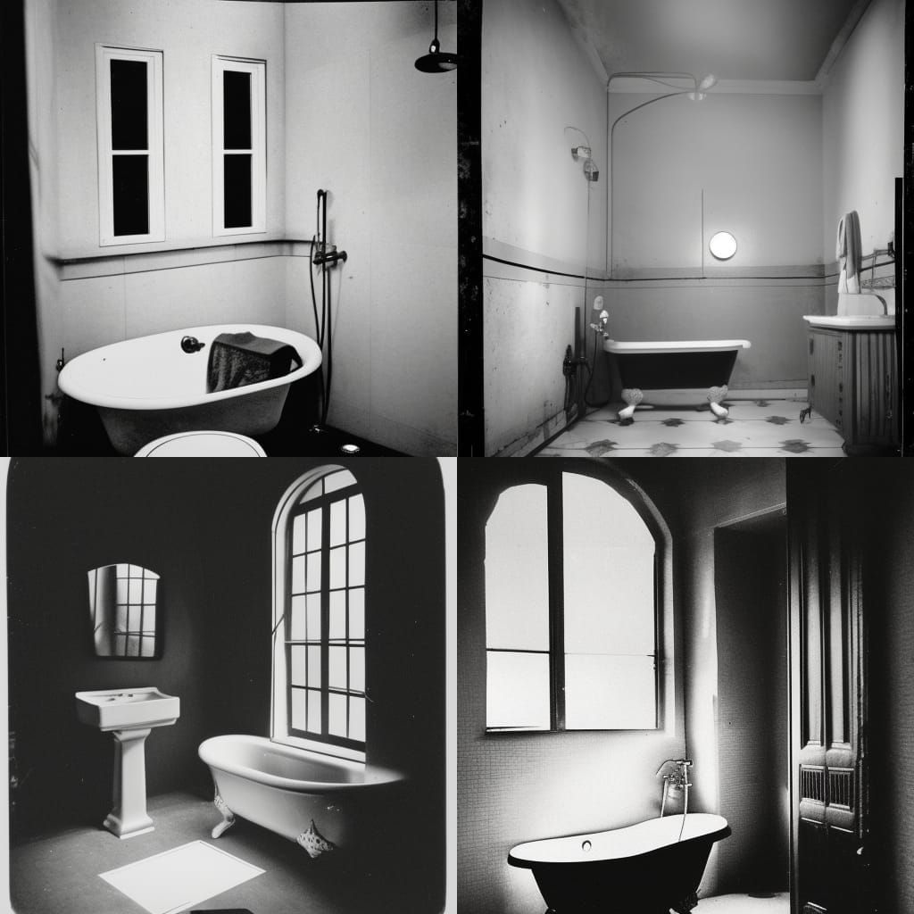 1800s Bathroom with Foggy Street, Black and White Photo