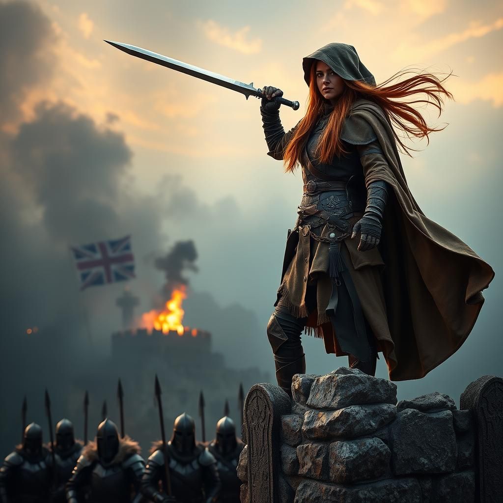 Heroic Female Robin Hood Amidst Burning Towers