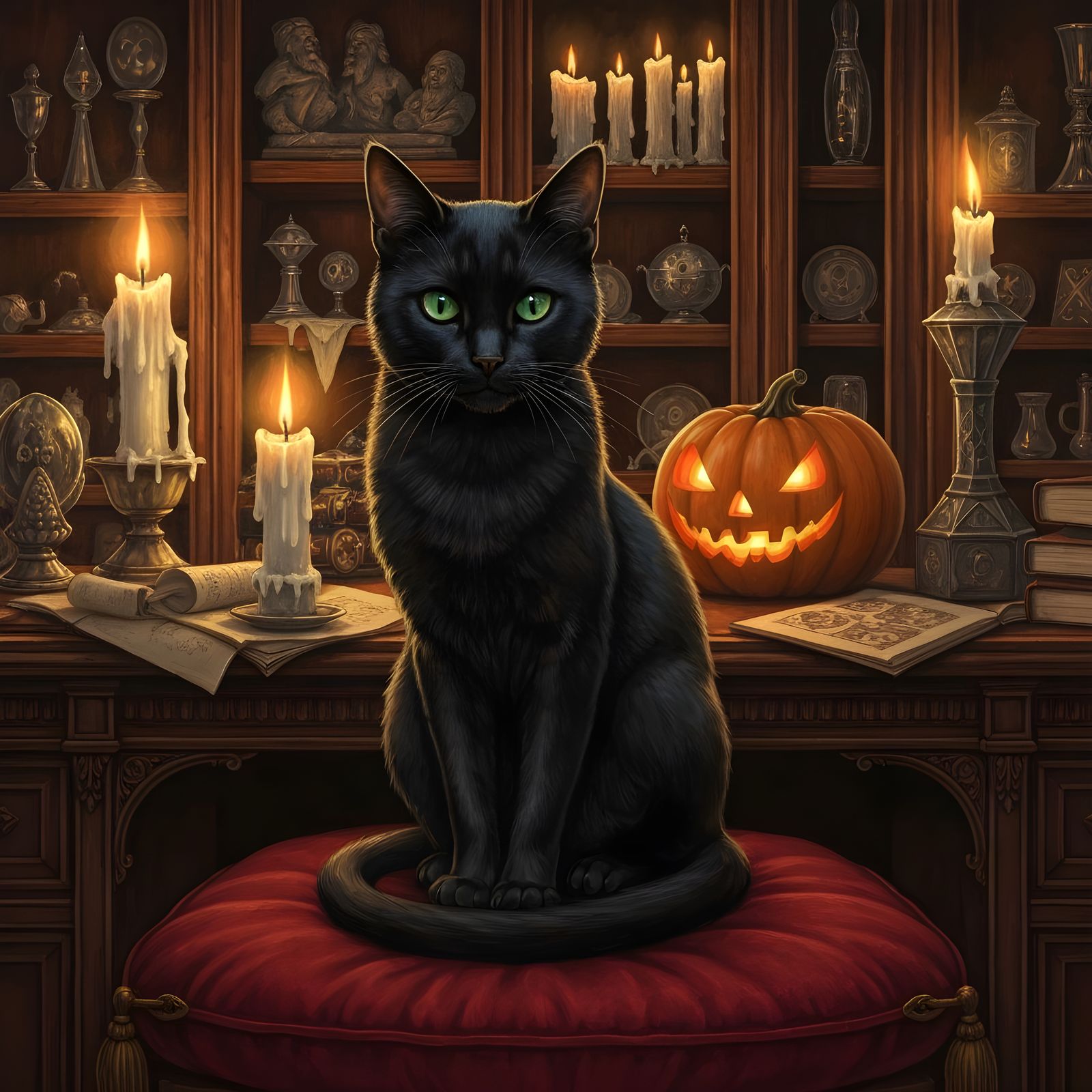 Gothic Oil Painting of Black Cat in Candlelit Study