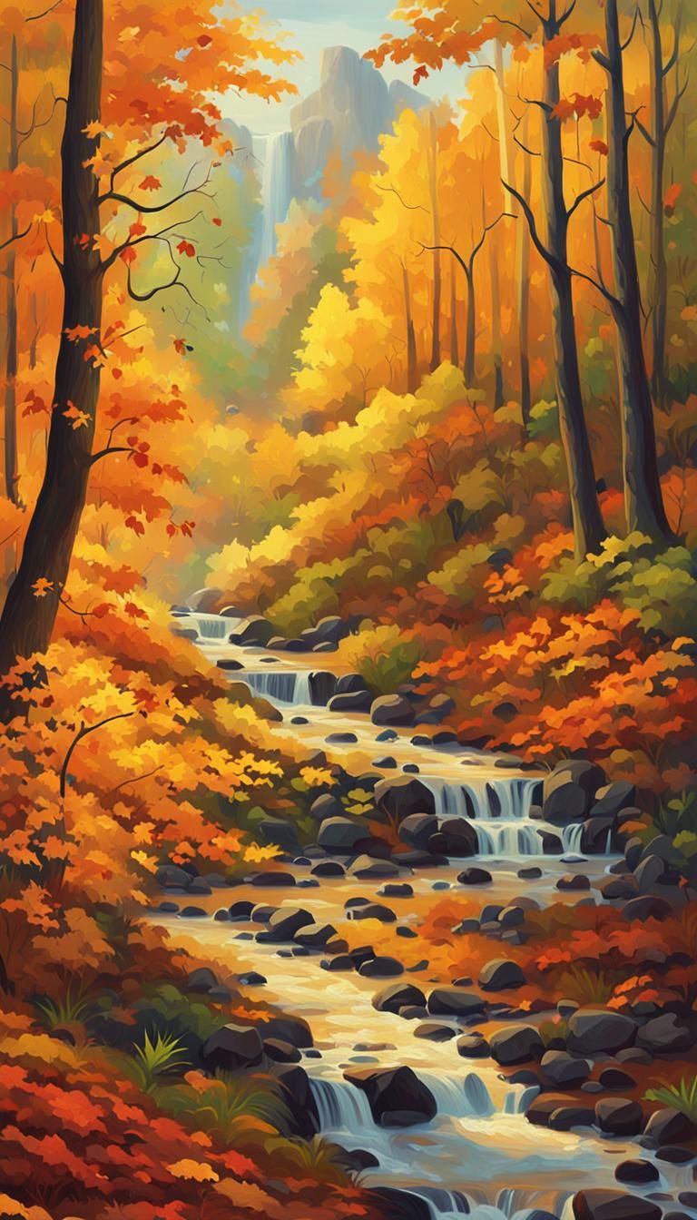 Autumn Forest Waterfall in Fauvist Oil Painting