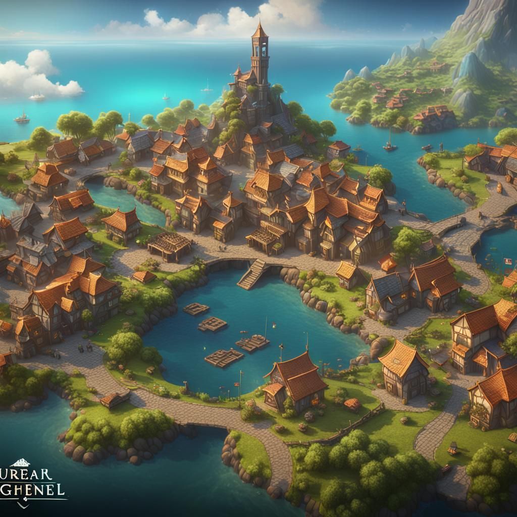 Detailed Colorful Island Town Map: Fantasy Art